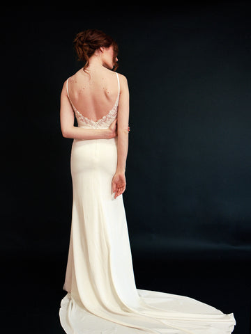 Style D2411 -Modern Spaghetti Strap twig Lace sheer back Low Back fit and flare crepe Wedding dress