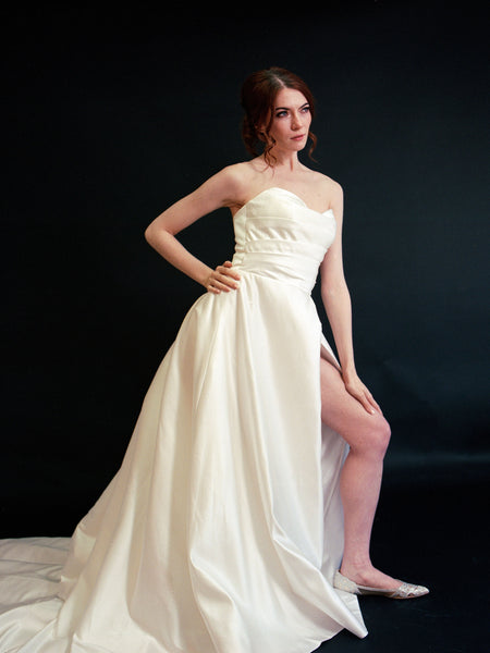 Style D2413 - Lux Satin Strapless Pleated Bodice Thigh Slit Elegant A-line gown
