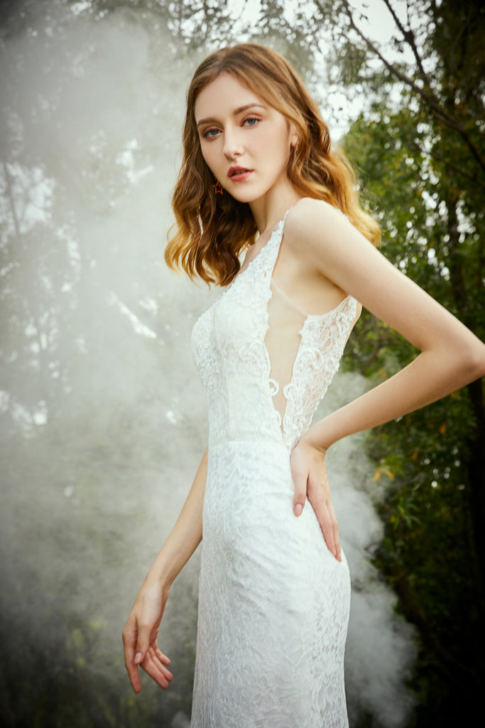 Nina - Selena Huan V-check Floral Venice Lace sheath gown