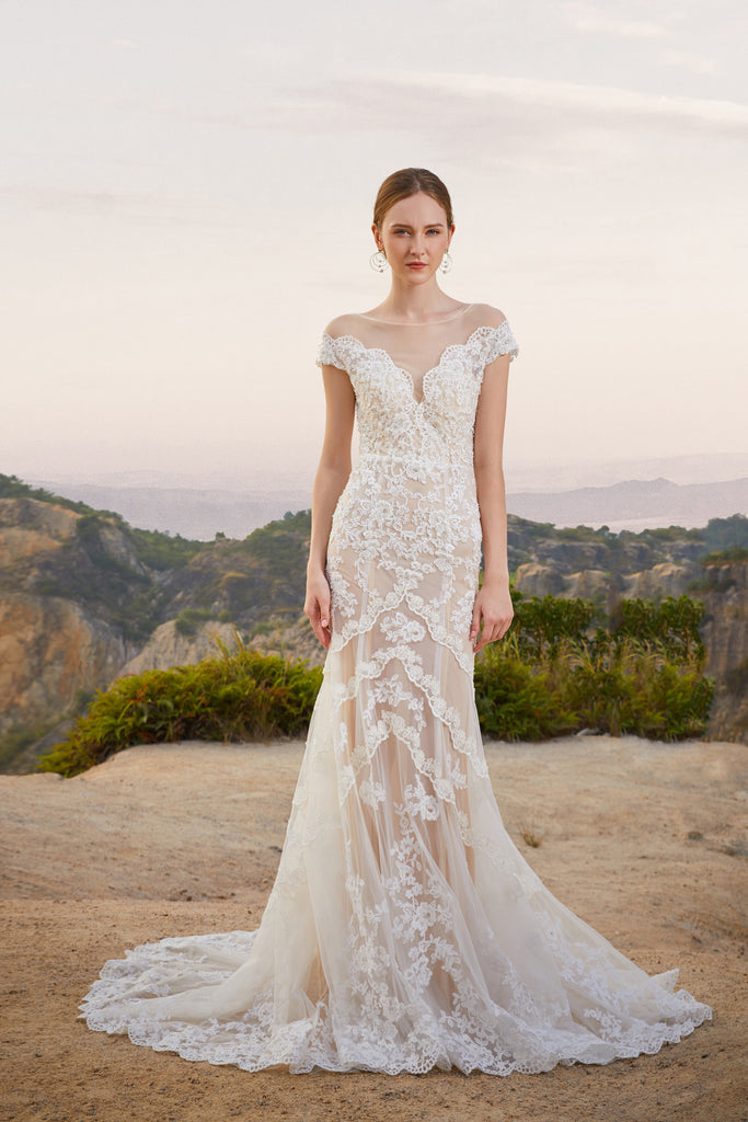 Rosiana - Selena Huan crystal and pearl beaded Chantilly lace illusive back mermaid gown