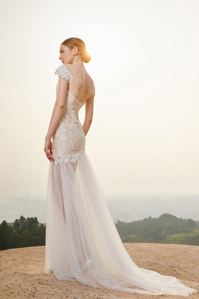 Estela - Selena Huan off-the-shoulder crystal and pearl beaded Israel lace illusive back light mermaid gown