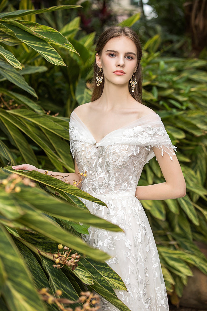 Alma - Selena Huan Venice Floral Embroidery lace strapless ballgown dress with detachable off-the-shoulder sleeves