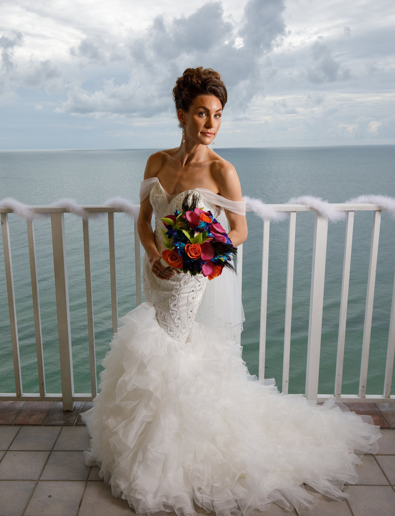 Aurora - Art-Deco Beaded Crystal Mermaid Wedding Dress with Detachable Trian and off-shoulder Sleeves