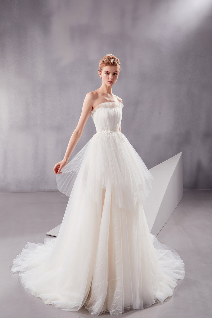 Afina - Selena Huan strapless water-wave lace vertical-wrinkle ruffle ball gown wedding dress