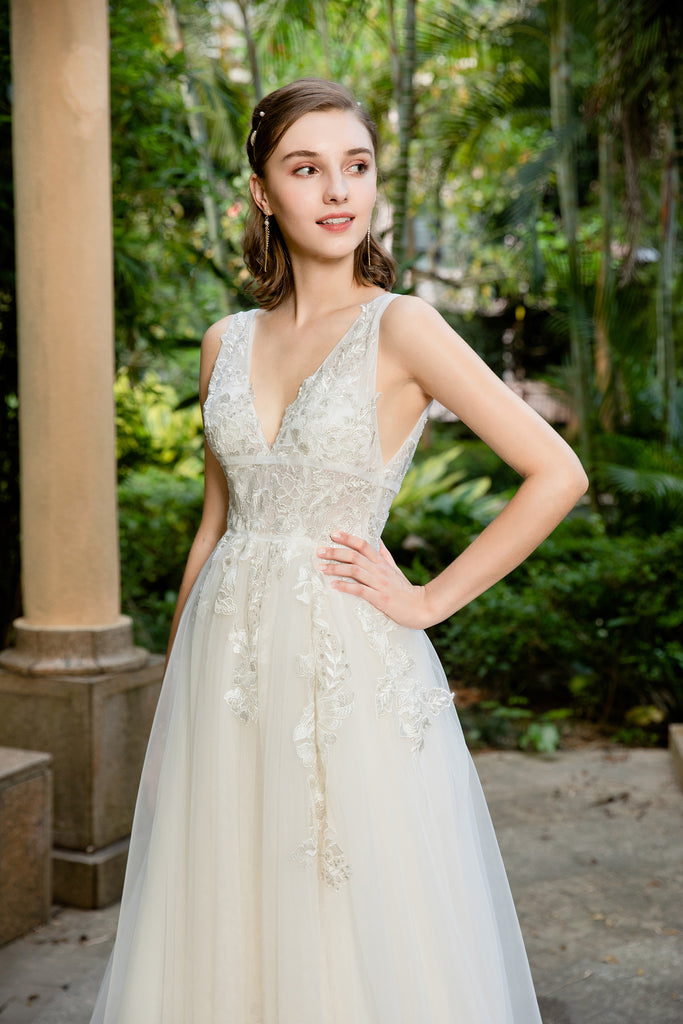 Lucia - Selena Huan deep V-neck Silver-shades embroidery lace light-weighted low-back A-line gown