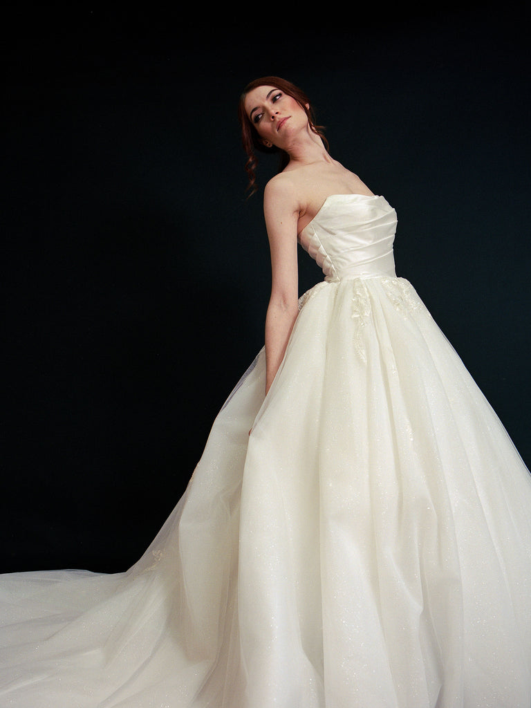 Style D2403 - Strapless Lux Satin Pleated Upper Bodice Embroidered Lace glittering tulle ballgown princess wedding dress