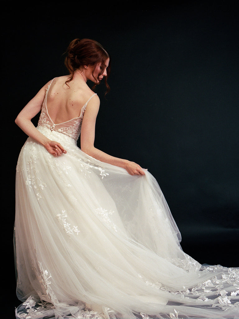 Style D2404 -Spaghetti Strap Floral Lace Low Back A-line Soft-tulle Wedding dress