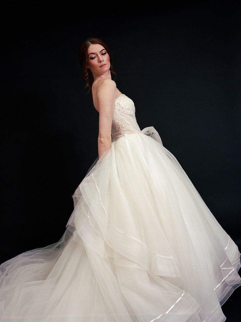 Style D2405 - Strapless soft tulle modern embroidery layered ruffle ballgown princess wedding dress