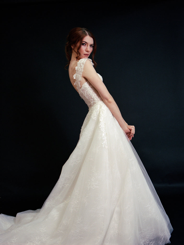 Style D2402 - Elegant Floral Straps Embroidered French Lace soft tulle illusive back A-line gown