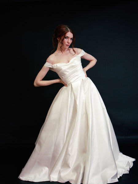 Style D2406 - Lux Satin off-the-shoulder Pleated Bodice Elegant A-line gown