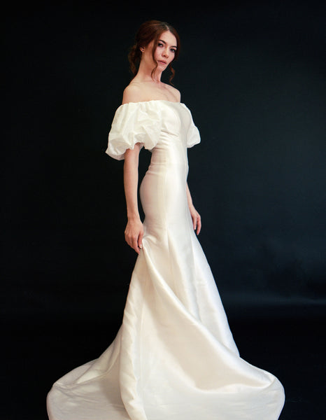 Style D2412 -Modern Mikado satin off-the-shoulder puffed bishop sleeves fit and flare crepe Wedding dress