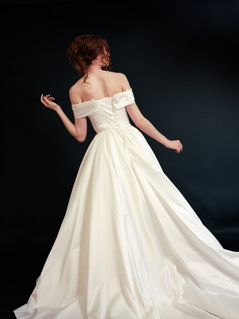 Style D2416 - Lux Satin off-the-shoulder 3D lace Floral applique Pleated Bodice Elegant A-line gown