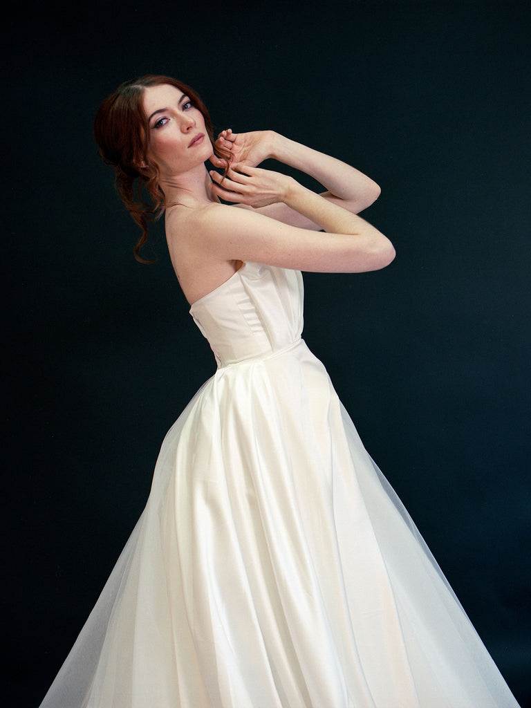 Style D2408 - Lily Shape Strapless Lux Satin Pleated Upper Bodice soft tulle ballgown princess wedding dress