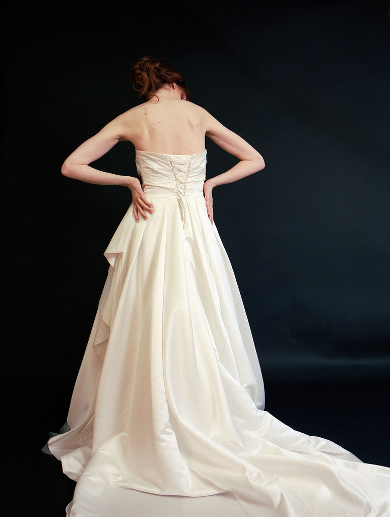 D2410 - Strapless Lux Satin Pleated Upper Bodice ruffled satin tulle mix ballgown princess wedding dress