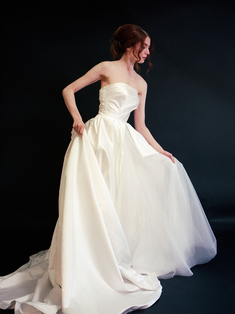 D2410 - Strapless Lux Satin Pleated Upper Bodice ruffled satin tulle mix ballgown princess wedding dress