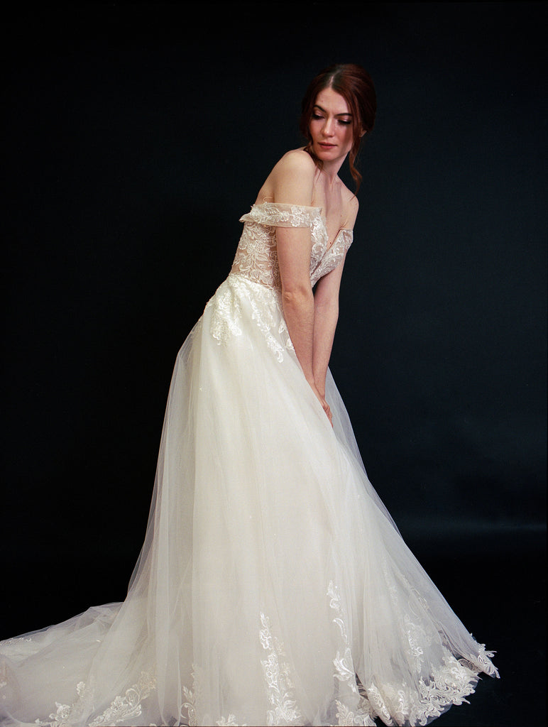 Style D2401 - Elegant off-the-shoulder Frosted Alençon Lace illusive back A-line gown