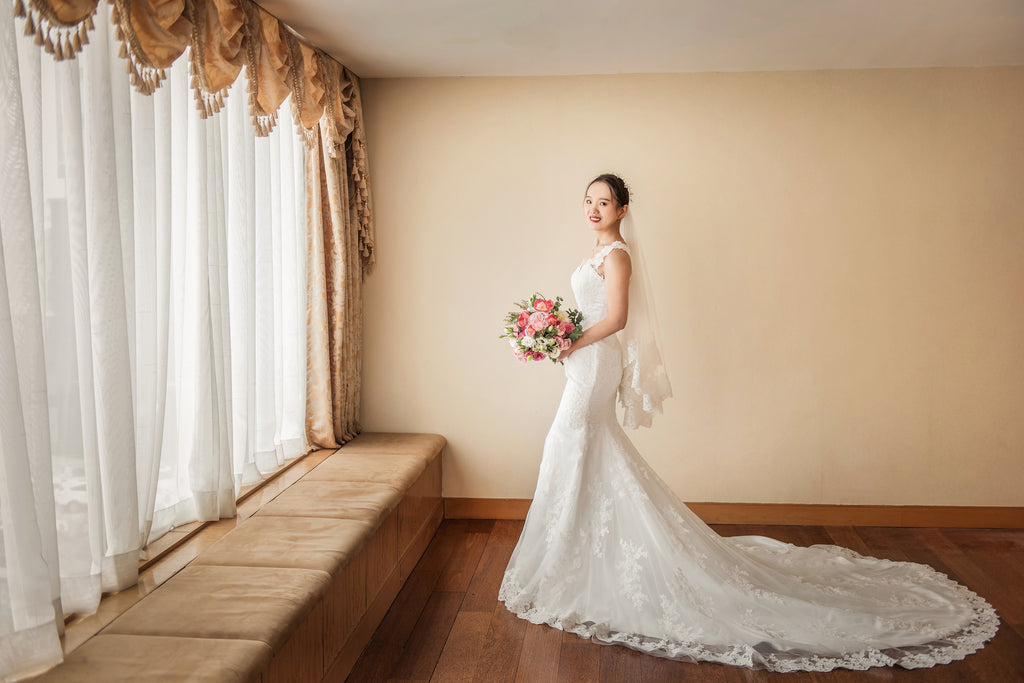 Loretta - Selena Huan Frosted Alençon Lace illusion back fit and flare wedding dress
