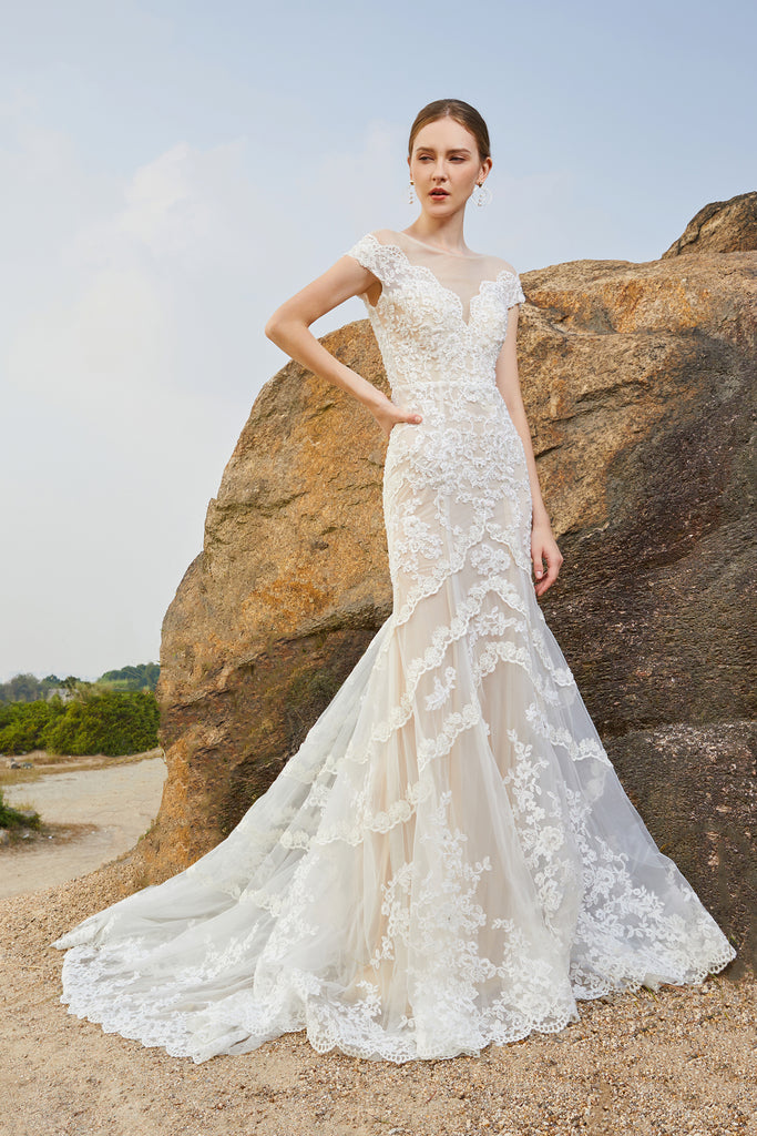 Rosiana - Selena Huan crystal and pearl beaded Chantilly lace illusive back mermaid gown