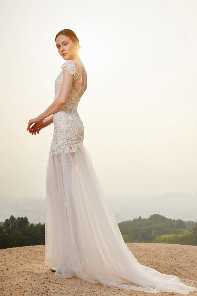 Estela - Selena Huan off-the-shoulder crystal and pearl beaded Israel lace illusive back light mermaid gown