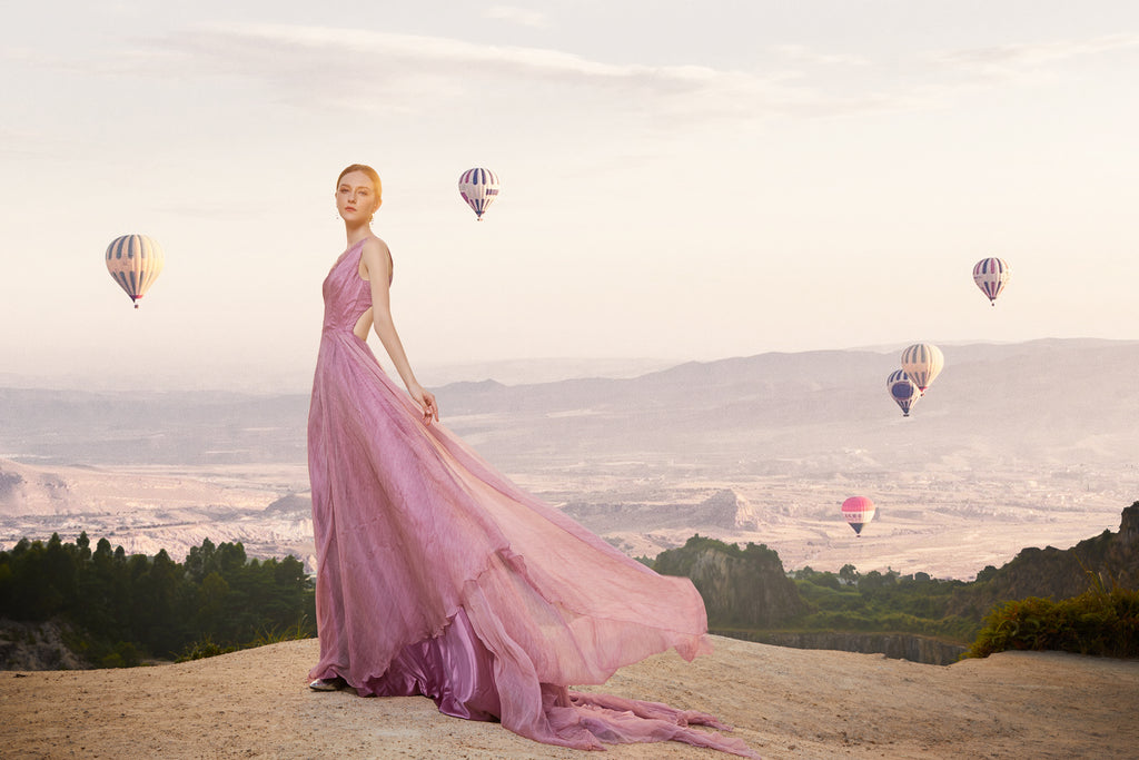 Violet - Selena Huan lavendar color vintage crinkle chiffon prom bloom-shape one-shoulder ball gown