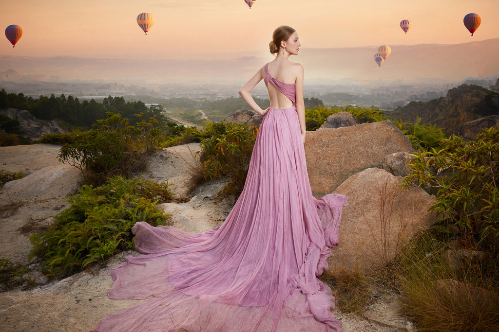 Violet - Selena Huan lavendar color vintage crinkle chiffon prom bloom-shape one-shoulder ball gown