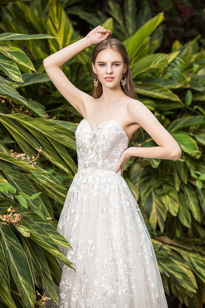 Alma - Selena Huan Venice Floral Embroidery lace strapless ballgown dress with detachable off-the-shoulder sleeves