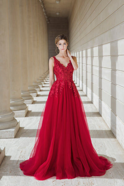 Mysteria - Selena Huan ruby red V-neck lace light-weighted low-back A-line gown
