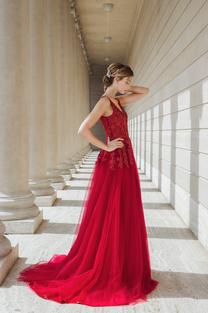Mysteria - Selena Huan ruby red V-neck lace light-weighted low-back A-line gown