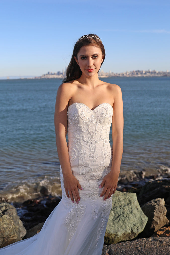 Sweet Marguerit - Selena Huan Strapless Beaded Abstract Chantilly Lace Mermaid Gown