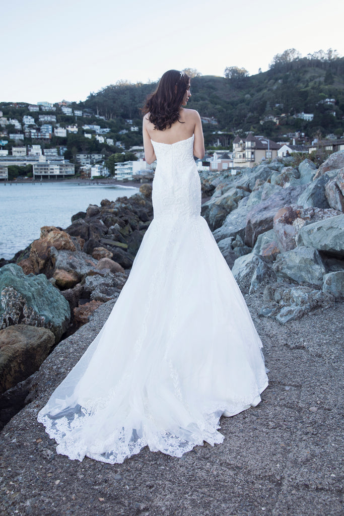 Sweet Marguerit - Selena Huan Strapless Beaded Abstract Chantilly Lace Mermaid Gown