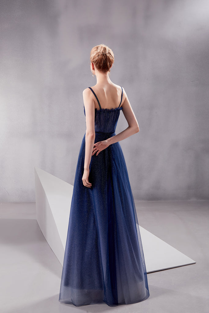 Nebula - Selena Huan glittering white-blue gradient color strap prom dress