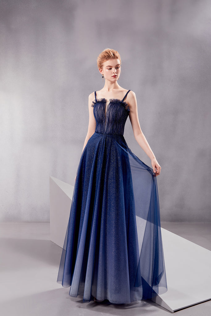 Nebula - Selena Huan glittering white-blue gradient color strap prom dress