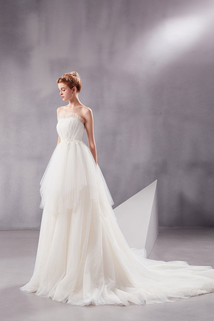 Afina - Selena Huan strapless water-wave lace vertical-wrinkle ruffle ball gown wedding dress
