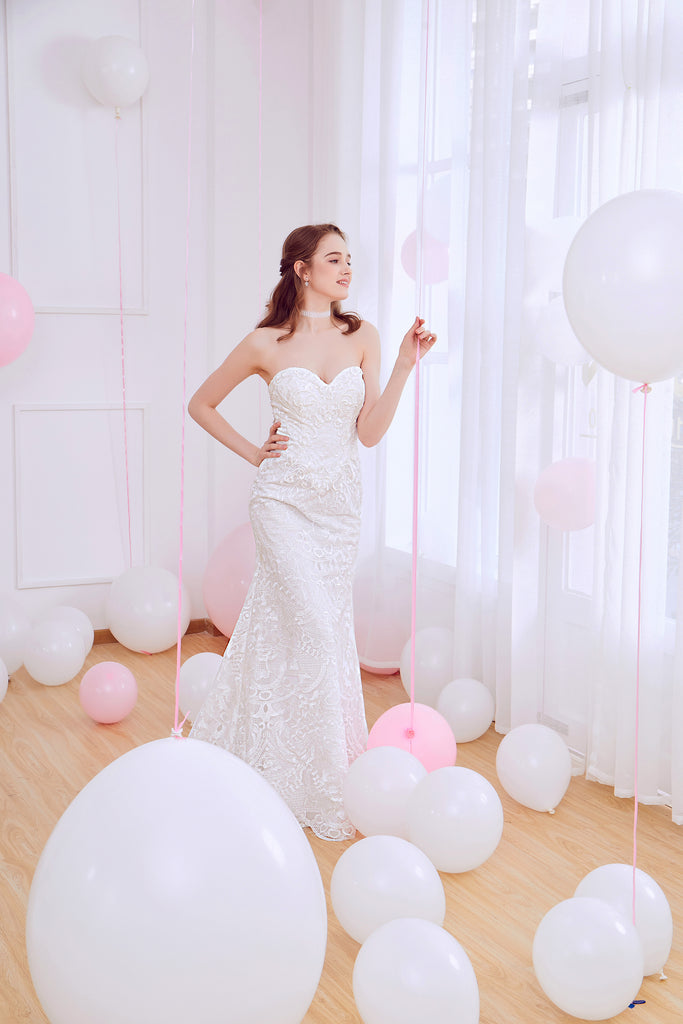 Yannia - Selena Huan French Chantilly lace strapless mermaid gown