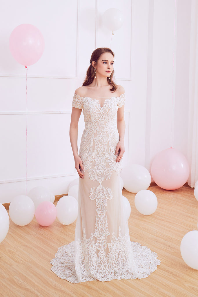 Cecile - Selena Huan beaded off-the-shoulder embroidery Venice lace fit-and-flare gown
