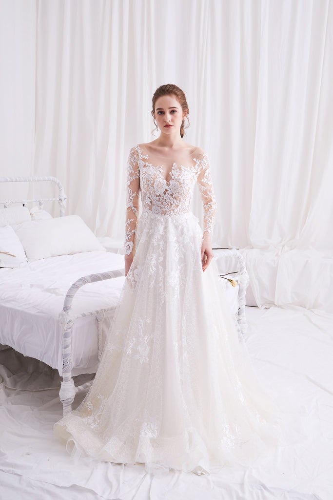 Syrinx - Selena Huan Long Sleeves Water-waive Embroidery French Floral Lace A-line Gown
