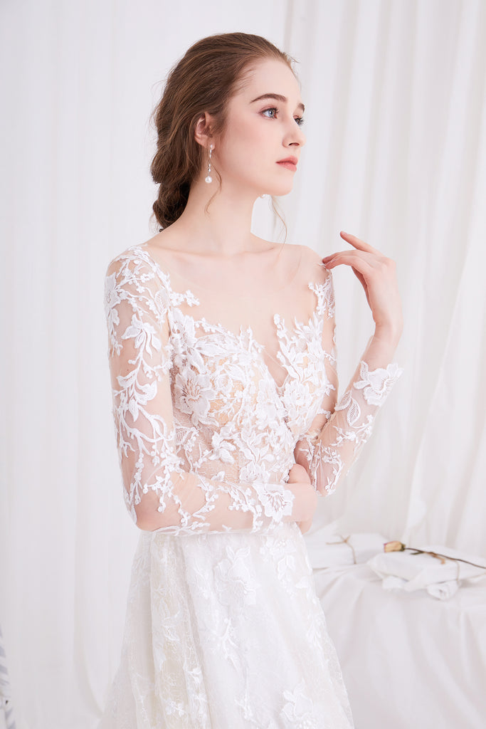 Syrinx - Selena Huan Long Sleeves Water-waive Embroidery French Floral Lace A-line Gown