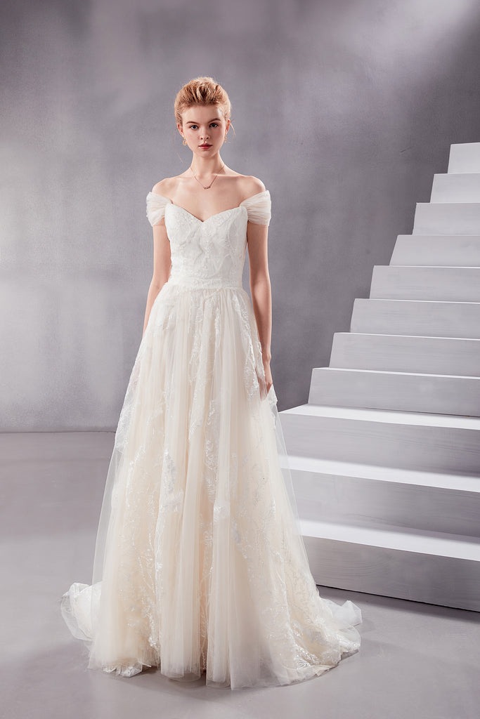 Vera - Selena Huan off-the-shoulder sequin beaded fine embroidery twig laces A-line wedding dress