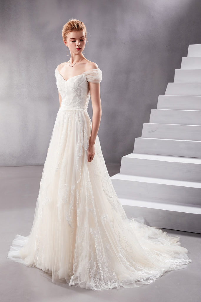 Vera - Selena Huan off-the-shoulder sequin beaded fine embroidery twig laces A-line wedding dress