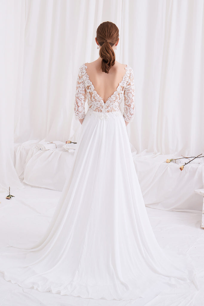 Sage - Selena Huan Alencon Fosted Sequin Embroidery Lace V-neck Milan imported chiffon gown