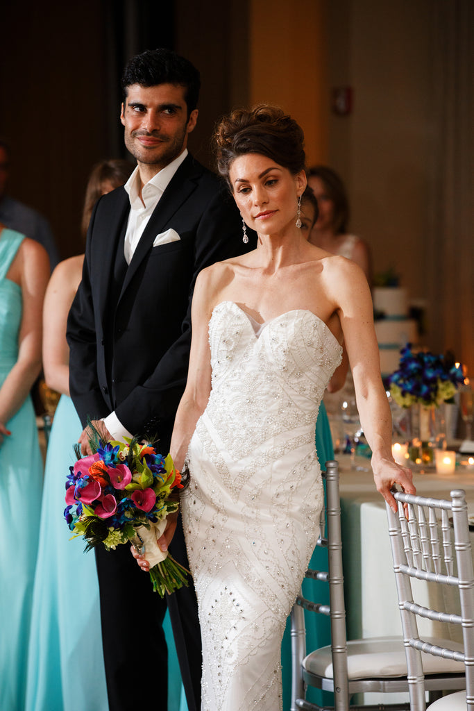 Aurora - Art-Deco Beaded Crystal Mermaid Wedding Dress with Detachable Trian and off-shoulder Sleeves