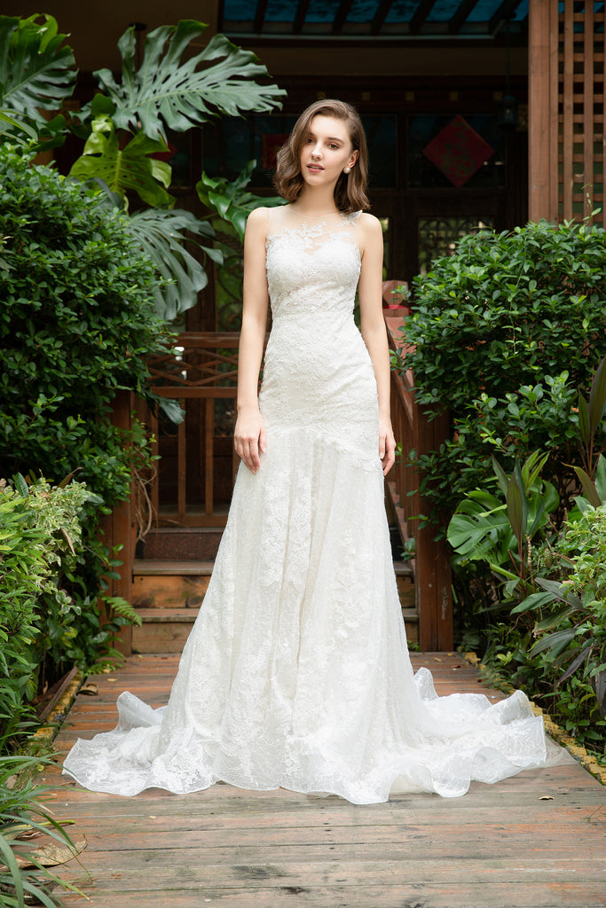 Roseli - Selena Huan light-weighted Asymmetric Lace Illusion Trumpet Gown