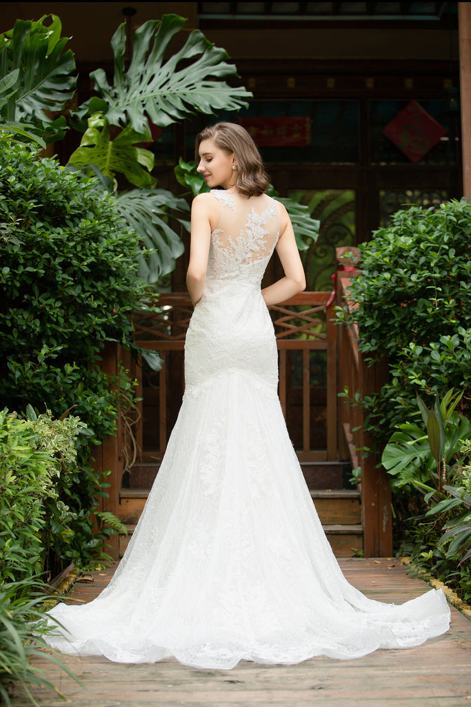 Roseli - Selena Huan light-weighted Asymmetric Lace Illusion Trumpet Gown