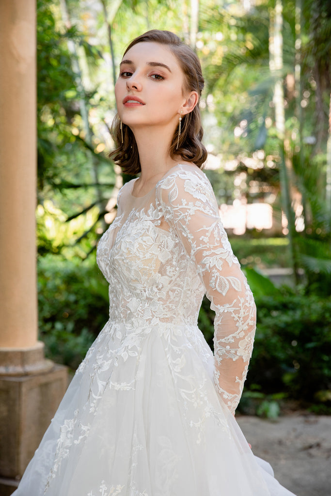Tess - Selena Huan Long Sleeves Embroidery French Floral Lace Ruffled Skirt A-line Gown