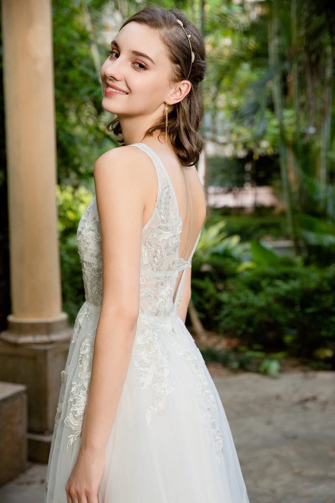 Lucia - Selena Huan deep V-neck Silver-shades embroidery lace light-weighted low-back A-line gown