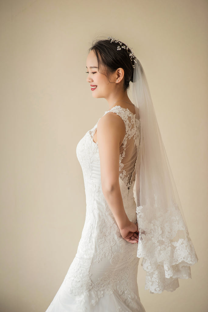 Loretta - Selena Huan Frosted Alençon Lace illusion back fit and flare wedding dress