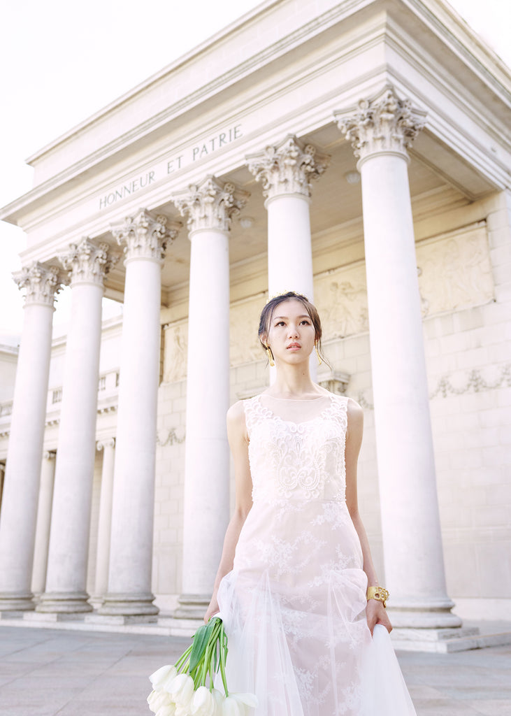 Bella - Selena Huan Illusive V-check A-line light-weight lace dresses