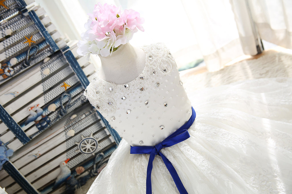 Pearl and Swarovski crystals beaded daisy laces flower girls dress
