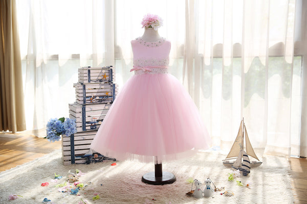 Pink beaded Chantilly lace soft-tulle flower girls dress