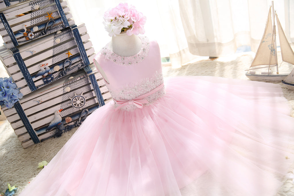 Pink beaded Chantilly lace soft-tulle flower girls dress